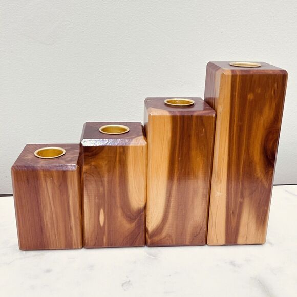 Vintage Wood Block Candle Holder Handmade Graduated Set of 4 Minimalist - Picture 2 of 16